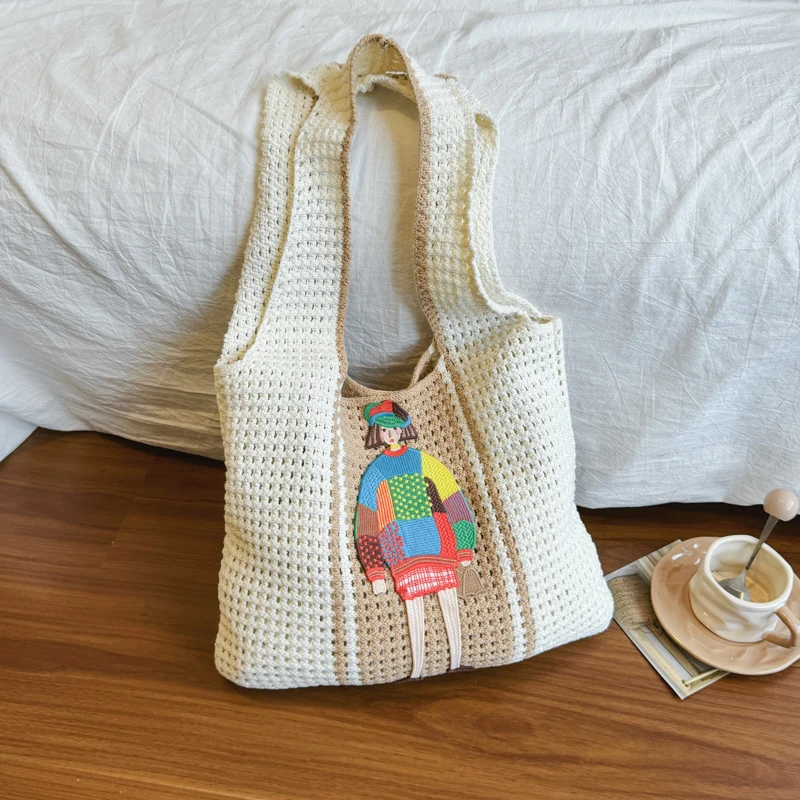 Women Knitted Tote Bag Cute Girl Embroidery Crochet Shoulder Bag Large Capacity Casual Hollow Woven Handbag for Daily Travel
Women Knitted Tote Bag Cute Girl Embroidery Crochet Shoulder Bag Large Capacity Casual Hollow Woven Handbag for Daily Travel