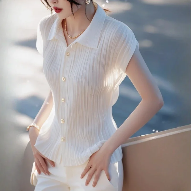 Vintage Women's Blouses Korean White Shirts Fashion Polo-Neck Loose Spring/Summer Clothing Solid Color Sleeveless Women Tops
Vintage Women's Blouses Korean White Shirts Fashion Polo-Neck Loose Spring/Summer Clothing Solid Color Sleeveless Women Tops