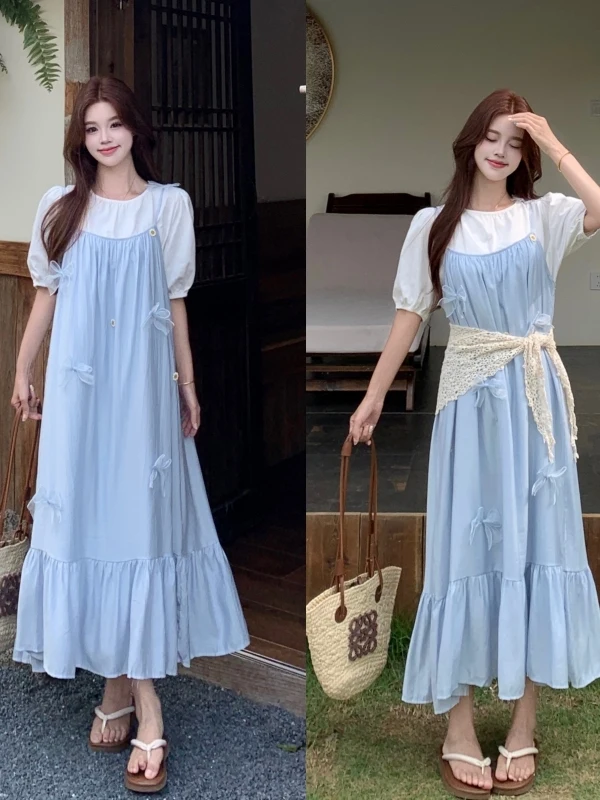 plus Size Women's Fashionable Summer Outfit Knot Strap Dress White T-Shirt Two-Piece Set Sweet Style Loose Fit A-Li...
plus Size Women's Fashionable Summer Outfit Knot Strap Dress White T-Shirt Two-Piece Set Sweet Style Loose Fit A-Li...