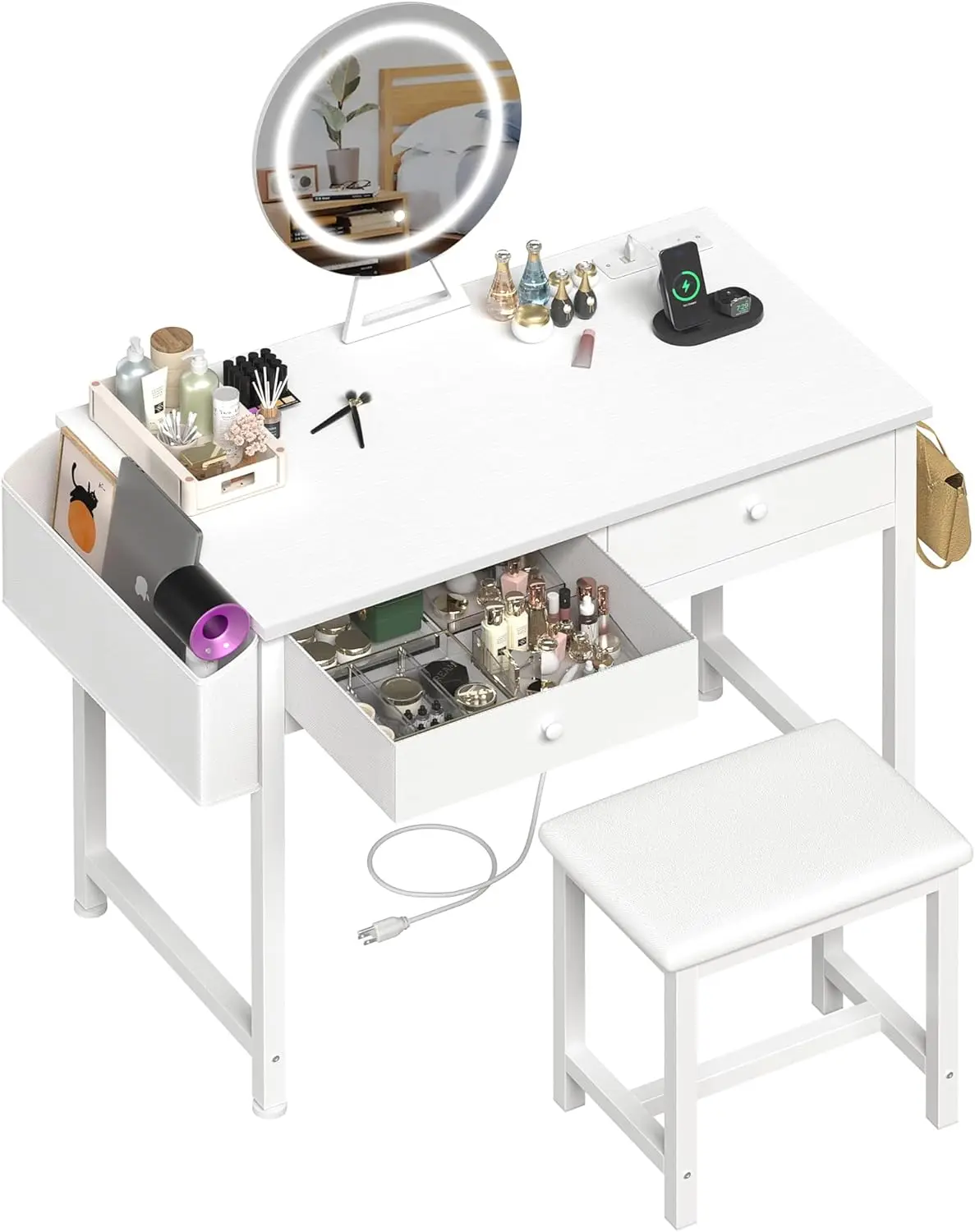 Makeup Vanity Desk with Mirror and Lights - Girls White Vanity Table Set with Chair, Fabric Drawers, Power Outlet
Makeup Vanity Desk with Mirror and Lights - Girls White Vanity Table Set with Chair, Fabric Drawers, Power Outlet
