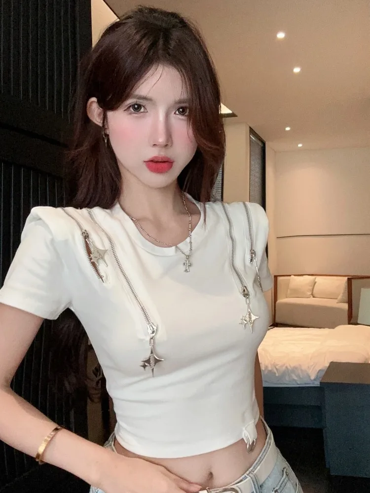 American Design Star Zipper Short Sleeve T-Shirt Women Summer New Spicy Girl Shoulder Pad Short round Neck Top Citywalk
American Design Star Zipper Short Sleeve T-Shirt Women Summer New Spicy Girl Shoulder Pad Short round Neck Top Citywalk