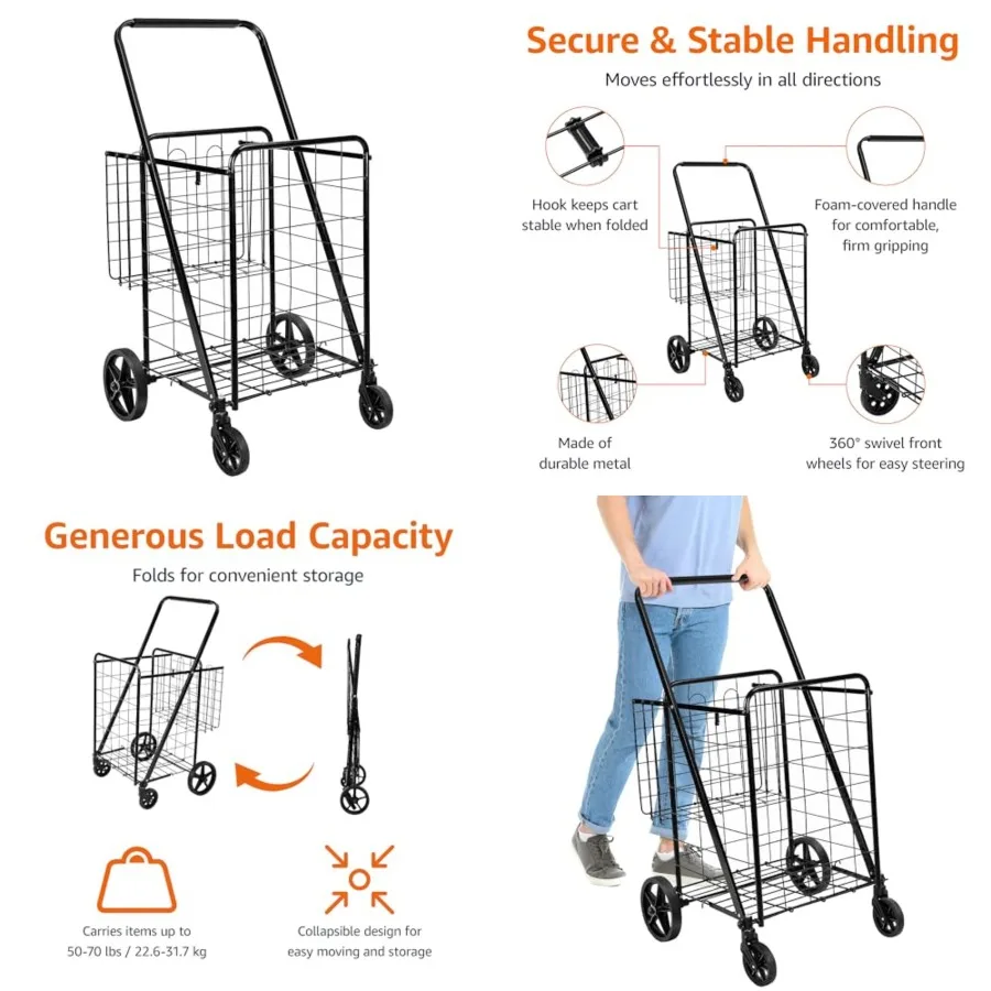 Foldable Collapsible Shopping Utility Cart with 360-Degree Wheels, Multi-Functional for Sports, Easy Assembly, X-Large, Black
Foldable Collapsible Shopping Utility Cart with 360-Degree Wheels, Multi-Functional for Sports, Easy Assembly, X-Large, Black