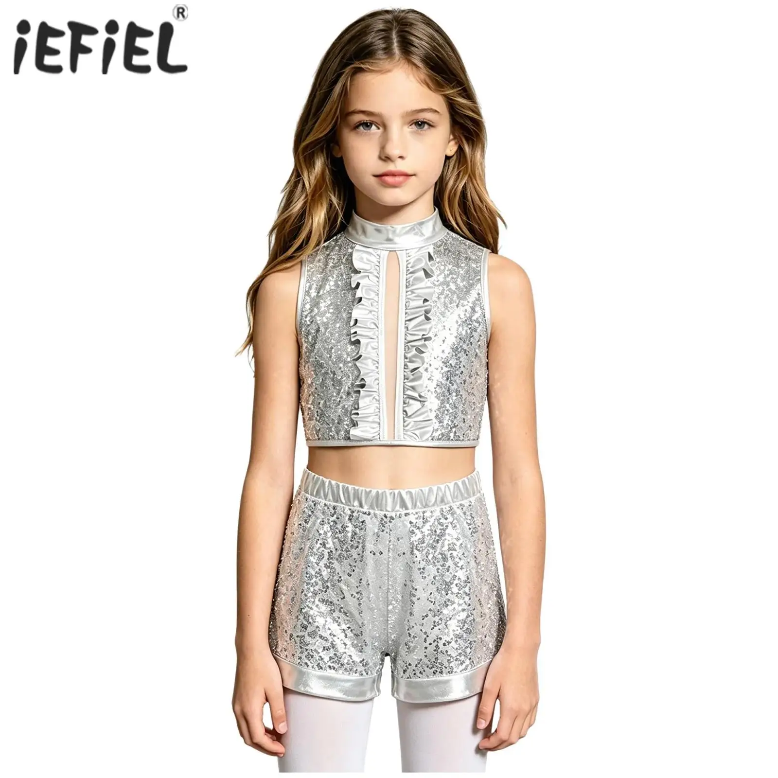 Kids Girls Metallic Sequin Hip Hop Jazz Dance Outfits Performance Costume Back Invisible Zipper Ruffles Crop Top with Shorts
Kids Girls Metallic Sequin Hip Hop Jazz Dance Outfits Performance Costume Back Invisible Zipper Ruffles Crop Top with Shorts
