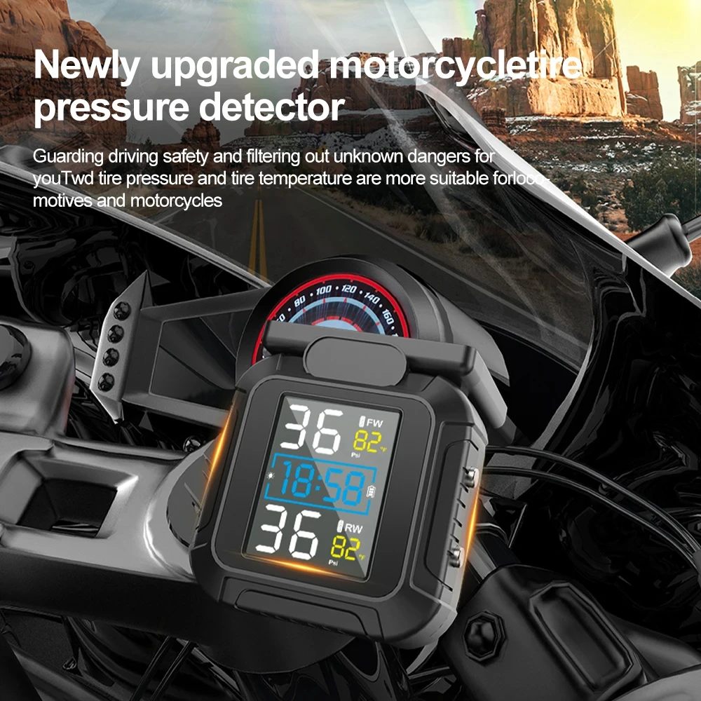Solar Power Motorcycle TPMS Solar Power Tire Pressure Monitor with 2 external Sensors Tire Pressure Monitoring Alarm System
Solar Power Motorcycle TPMS Solar Power Tire Pressure Monitor with 2 external Sensors Tire Pressure Monitoring Alarm System