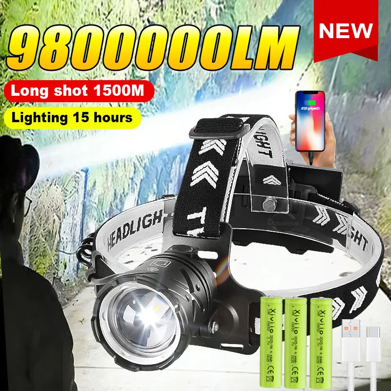 98000000LM High Power LED Headlamp 800W/L2 Headlight Long Range Ultra Bright Head Flashlight Torch 18650 Camping Fishing Lantern
98000000LM High Power LED Headlamp 800W/L2 Headlight Long Range Ultra Bright Head Flashlight Torch 18650 Camping Fishing Lantern