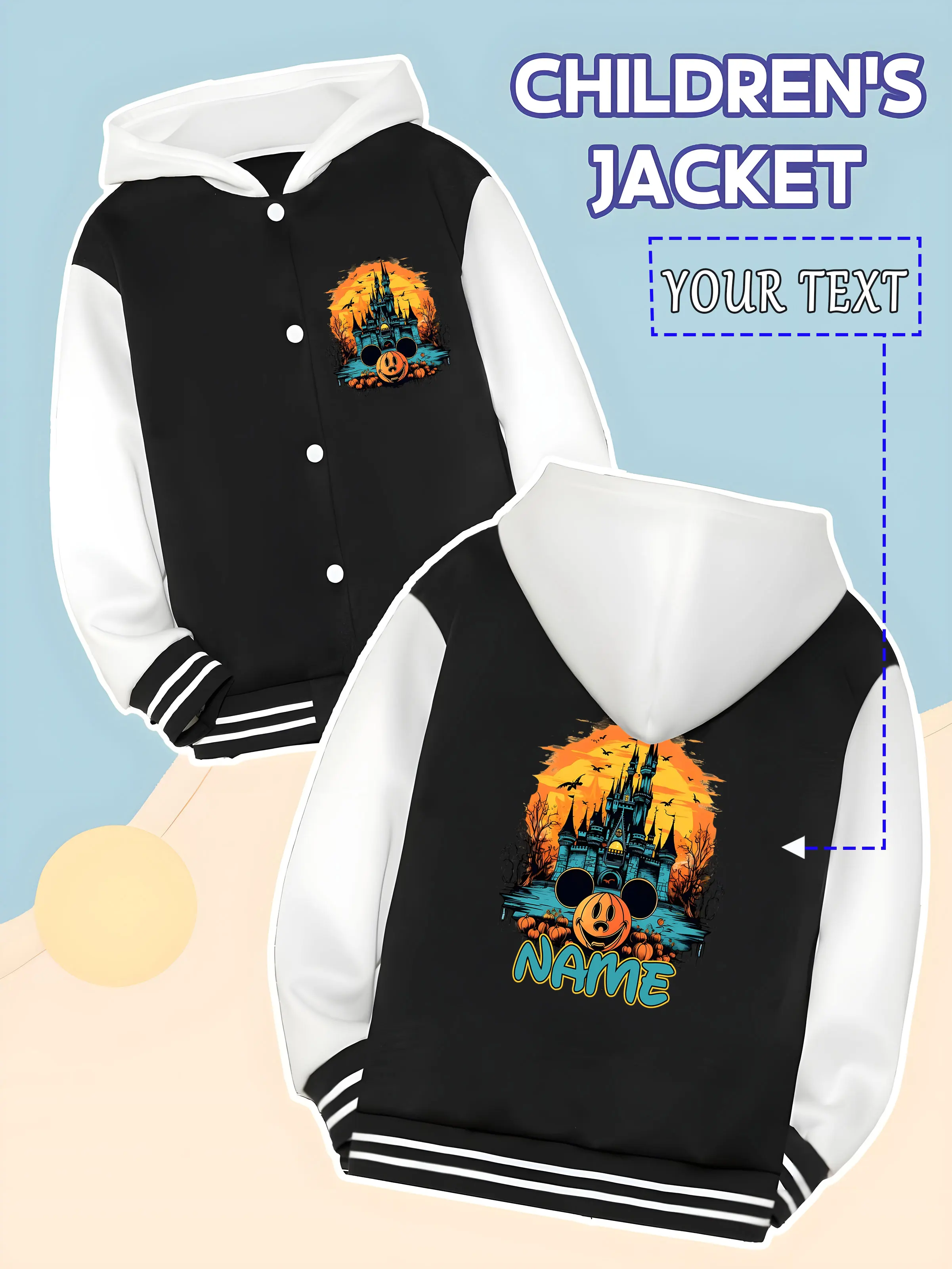 MINISO Disney Halloween Castle Baseball Jacket for Kids - Mickey Mouse head pumpkin castle design creates a festive atmosphere,
MINISO Disney Halloween Castle Baseball Jacket for Kids - Mickey Mouse head pumpkin castle design creates a festive atmosphere,
