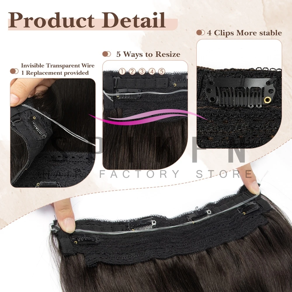 Natural Black Clip In One Piece Human Hair Extensions 60-100g with Adjustable Fish Wire Halo Hair Extensions Flip ins 12''-24'' 3 S42867488d024486aaef6ff7a446d885eI