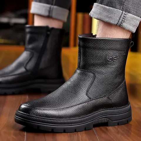 Mens High Top Leather Snow Boots Warm Wool Lined Winter Shoes Thick Plush Fur Non Slip Comfortable Footwear For Dad Outdoor