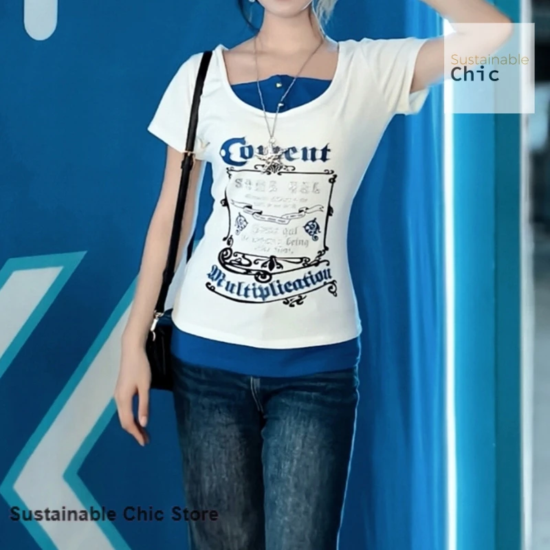 American retro white and blue fake two-piece short-sleeved women's spring and summer new fashion slim print casual T-shirt
American retro white and blue fake two-piece short-sleeved women's spring and summer new fashion slim print casual T-shirt