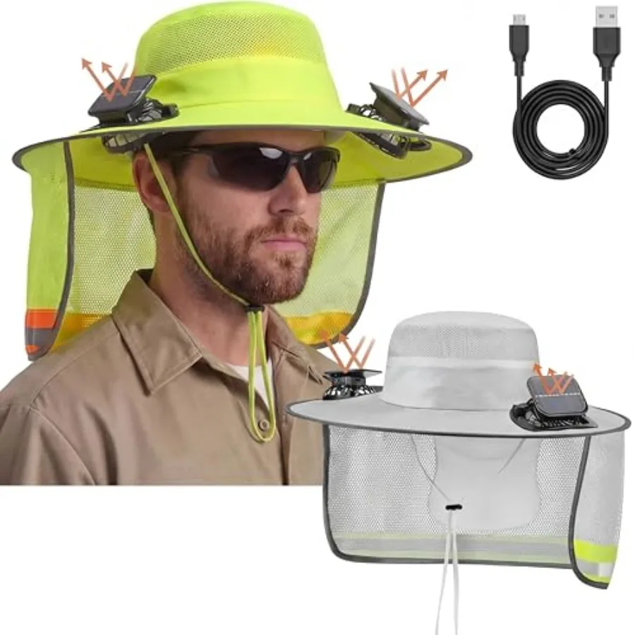 Outdoor work sun hat for men and women, UPF 50+ UV protection, wide brim, black polyester, solar USB powered fan
Outdoor work sun hat for men and women, UPF 50+ UV protection, wide brim, black polyester, solar USB powered fan