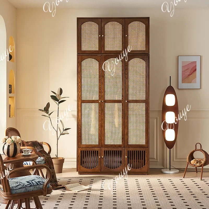 XM Medieval Rattan Solid Wood Wardrobe Combination Large Capacity Multi-specification Wardrobe Multi-functional Partition Bedroo