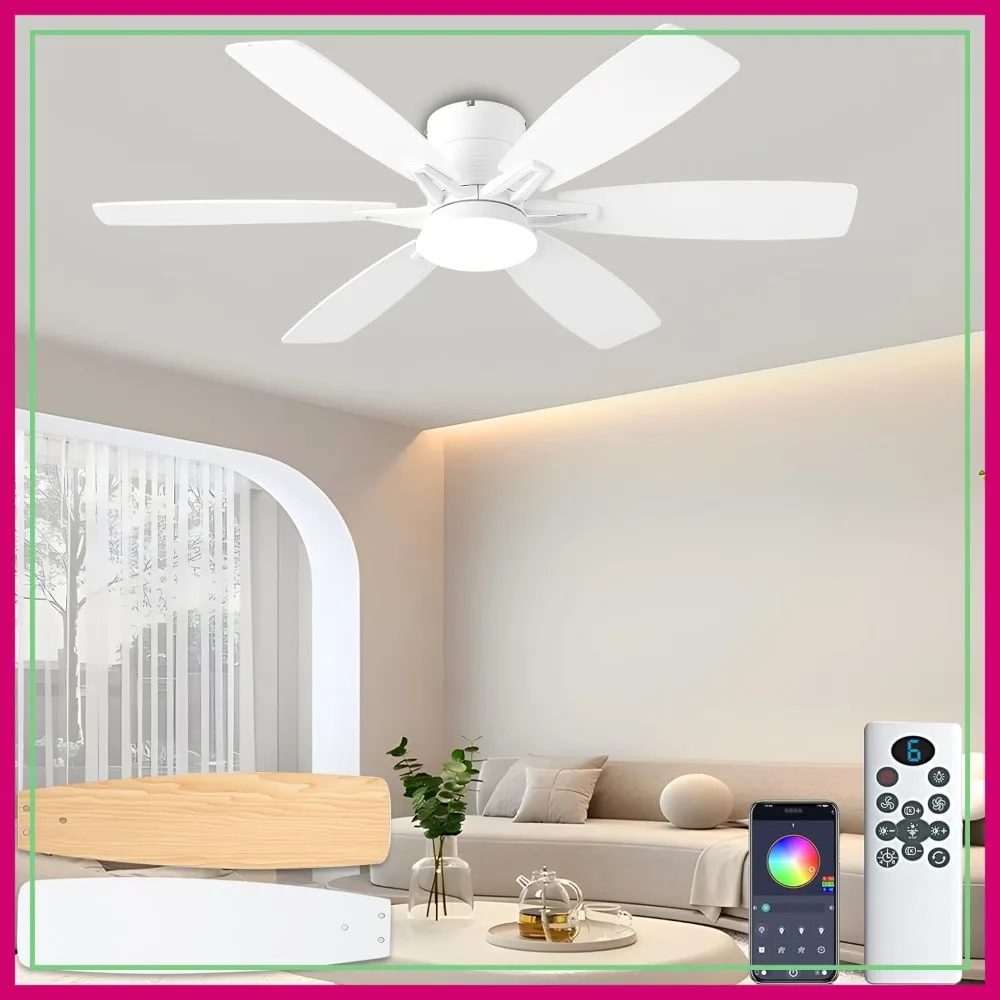 52" White Ceiling Fan with Lights and Remote, Low Profile Flush Mount, 6 Blades, Dimmable LED/RGB, DC Motor
52" White Ceiling Fan with Lights and Remote, Low Profile Flush Mount, 6 Blades, Dimmable LED/RGB, DC Motor