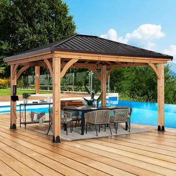 Barrington 14 ft. x 12 ft. Hip Roof Wood Gazebo Pavilion, Shade, Rain, Hard Top Steel Metal Roof, All Weather Protected