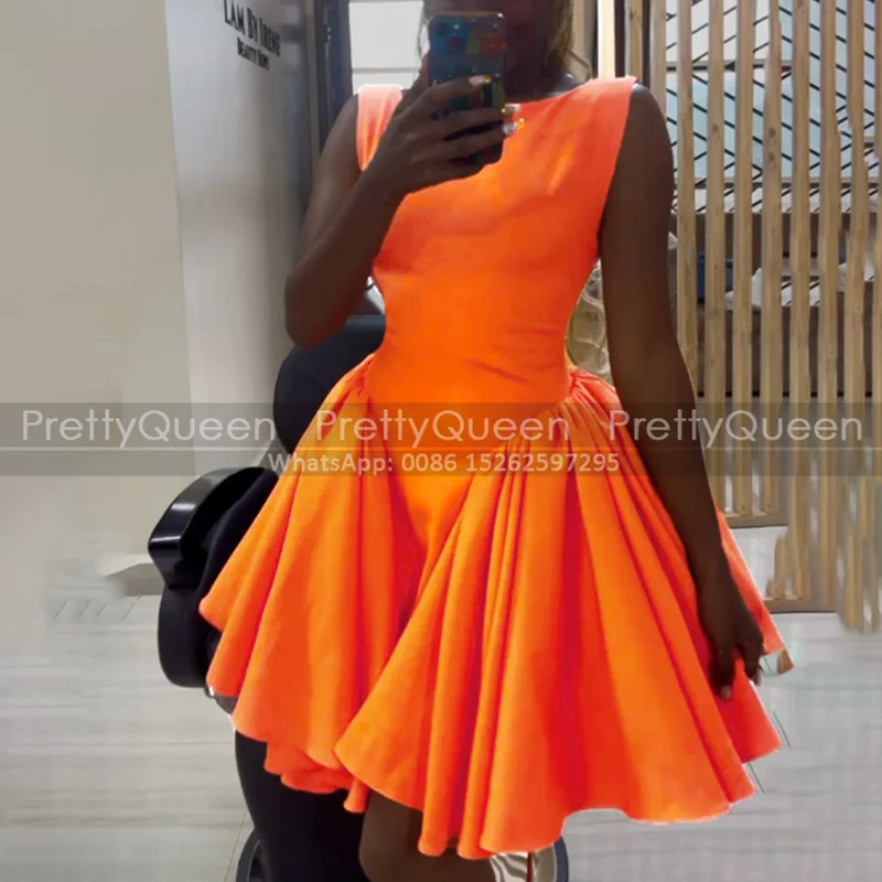 Puffy A Line Short Bridesmaid Dresses Sleeveless Orange Satin Customized Plus Size Mini Wedding Party Dress
Puffy A Line Short Bridesmaid Dresses Sleeveless Orange Satin Customized Plus Size Mini Wedding Party Dress