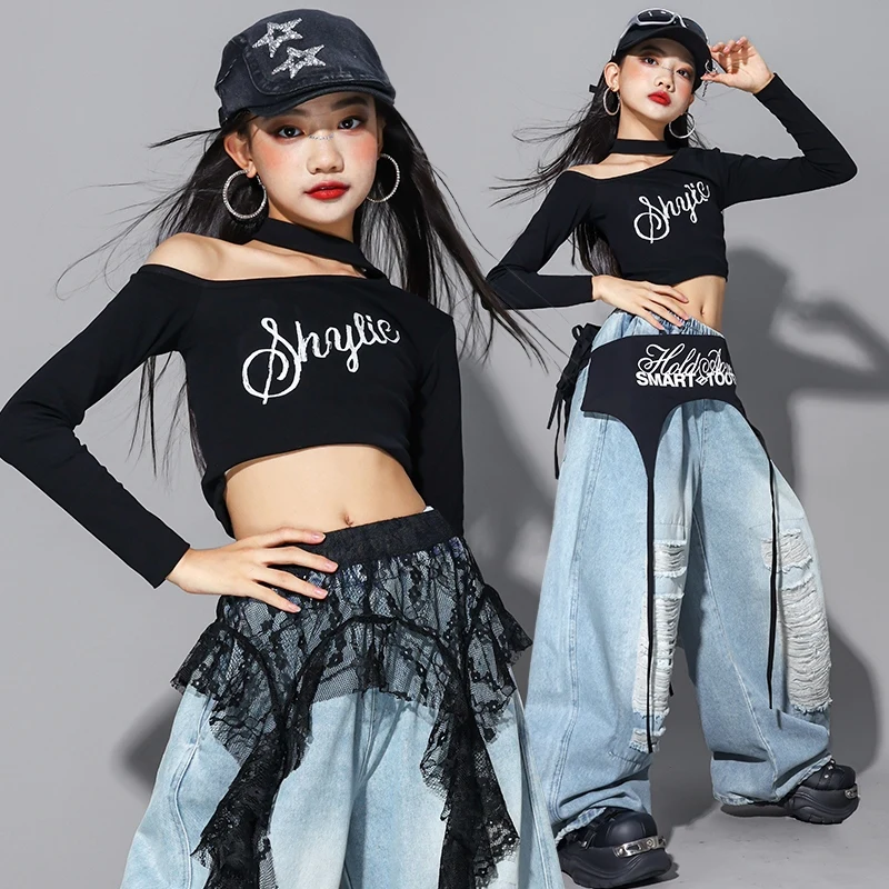 Jazz Dance Clothes Girls Kpop Outfit Black Crop Top Denim Shuffle Pants Kid Hip Hop Costumes Fashion Street Dance Clothing 2708
Jazz Dance Clothes Girls Kpop Outfit Black Crop Top Denim Shuffle Pants Kid Hip Hop Costumes Fashion Street Dance Clothing 2708