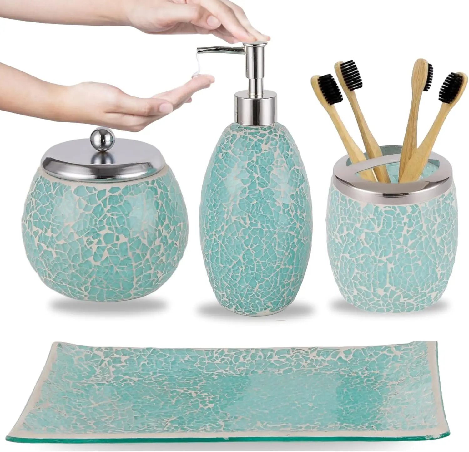 Stylish Green Bathroom Accessories Set, 4-Piece Glass Soap Dispenser, Toothbrush Holder, Cotton Swab Jar, Vanity Tray
Stylish Green Bathroom Accessories Set, 4-Piece Glass Soap Dispenser, Toothbrush Holder, Cotton Swab Jar, Vanity Tray