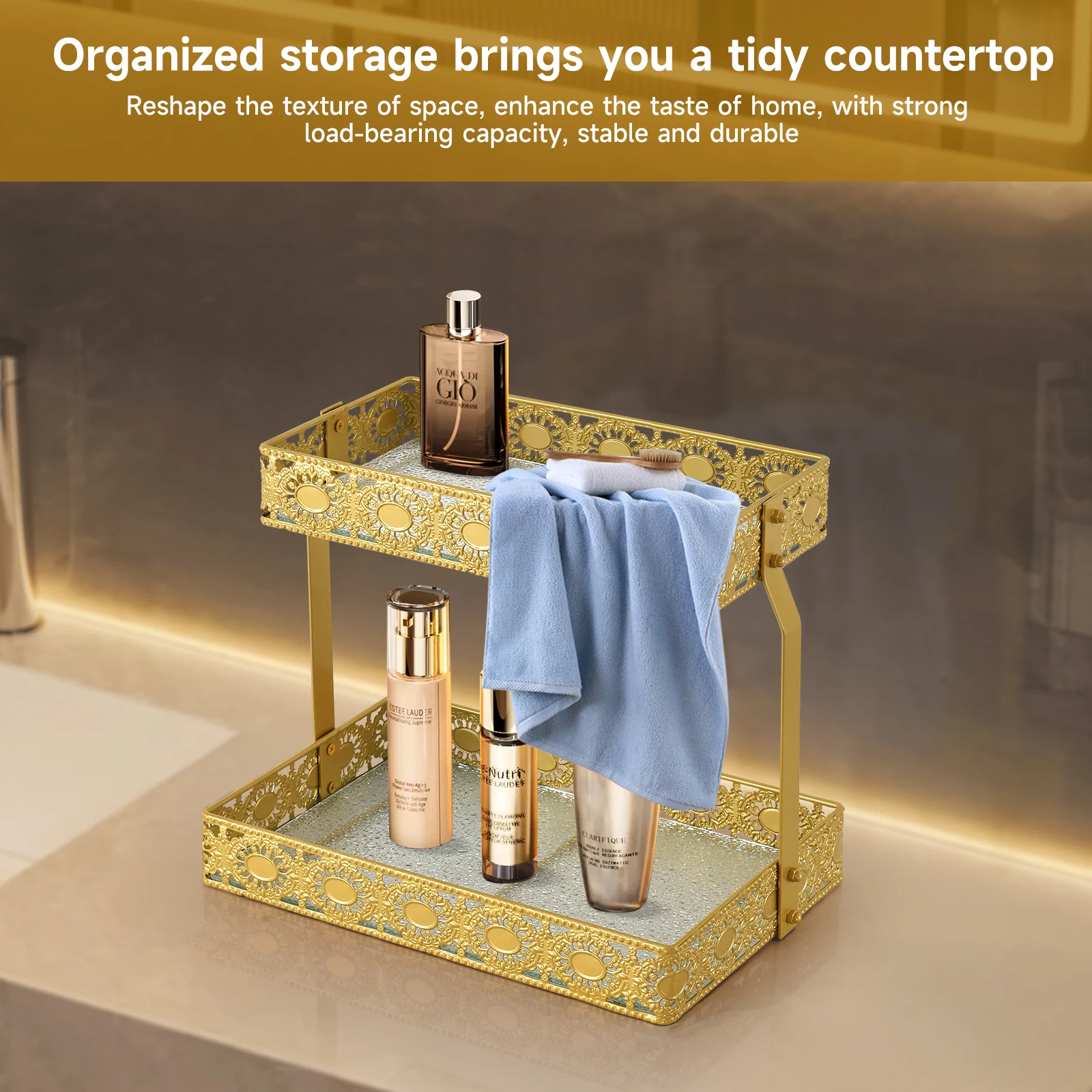 Double-Layer Glass Storage Tray with Portable Vanity Skincare Organizer, Corner Storage Rack Suitable for Bathroom Counter, High-End Light Luxury Display Board - Gold
Double-Layer Glass Storage Tray with Portable Vanity Skincare Organizer, Corner Storage Rack Suitable for Bathroom Counter, High-End Light Luxury Display Board - Gold