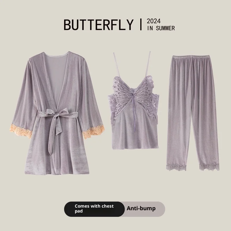 Golden Velvet Women's Comfortable Sexy Strap Sleeping Robe Long Pants 3-Piece Set with Chest Cushion Home Clothes
Golden Velvet Women's Comfortable Sexy Strap Sleeping Robe Long Pants 3-Piece Set with Chest Cushion Home Clothes