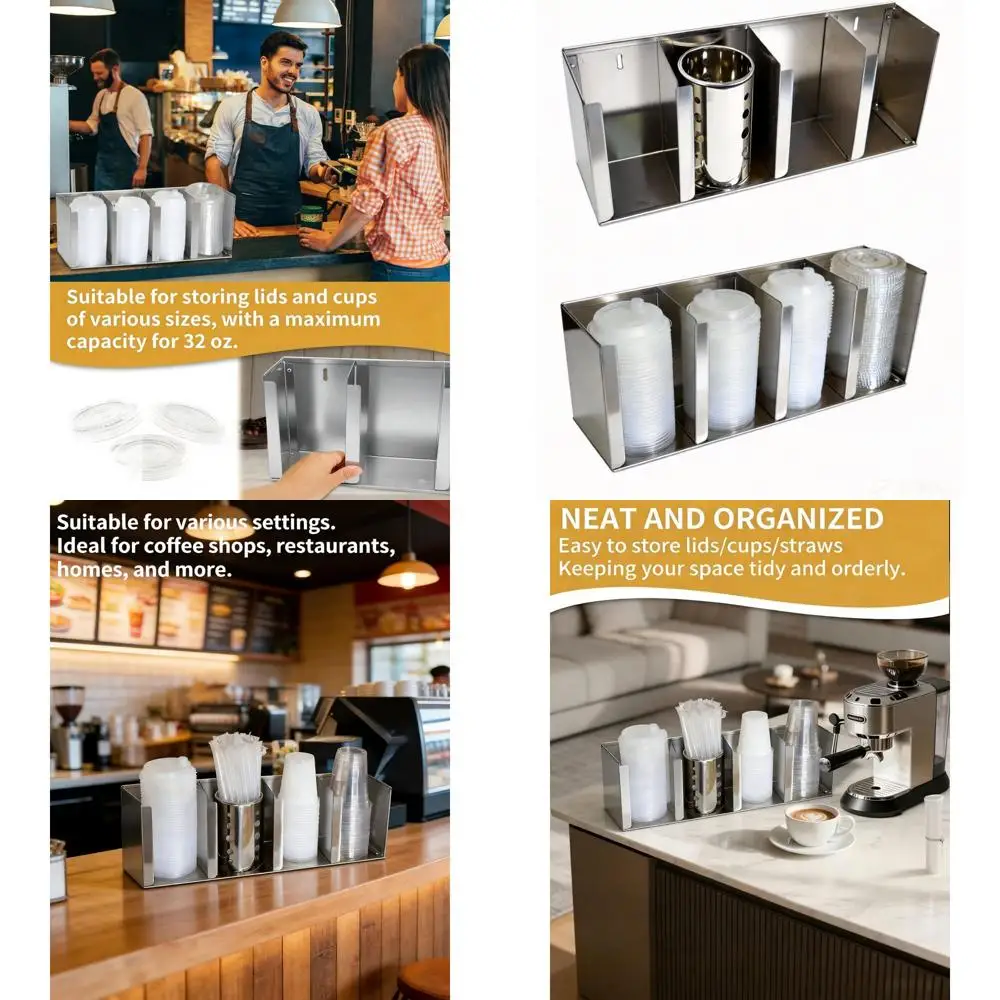 Adjustable Stainless Steel Cup Dispenser with 4-Component Holder and Lid Organizer for Kitchen and Restaurant Use
Adjustable Stainless Steel Cup Dispenser with 4-Component Holder and Lid Organizer for Kitchen and Restaurant Use