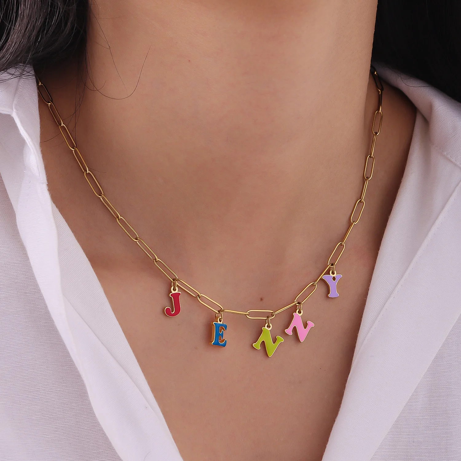 Enamel Letter Necklace with Paperclip Chain Custom Initial Pendant 18K Gold Plated Stainless Steel Colorful Dainty Jewelry Gift
Enamel Letter Necklace with Paperclip Chain Custom Initial Pendant 18K Gold Plated Stainless Steel Colorful Dainty Jewelry Gift