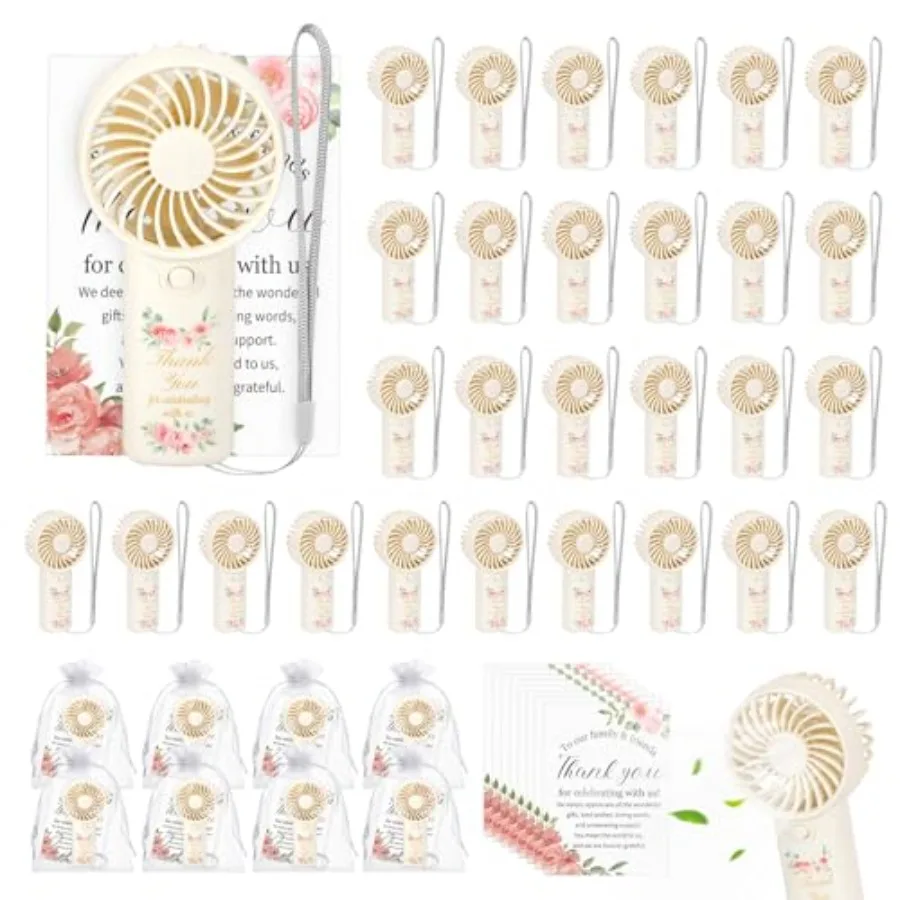 Mini handheld fans for wedding, bridal, baby shower guests: battery-powered portable fans in white with thank-you tags and gift
Mini handheld fans for wedding, bridal, baby shower guests: battery-powered portable fans in white with thank-you tags and gift