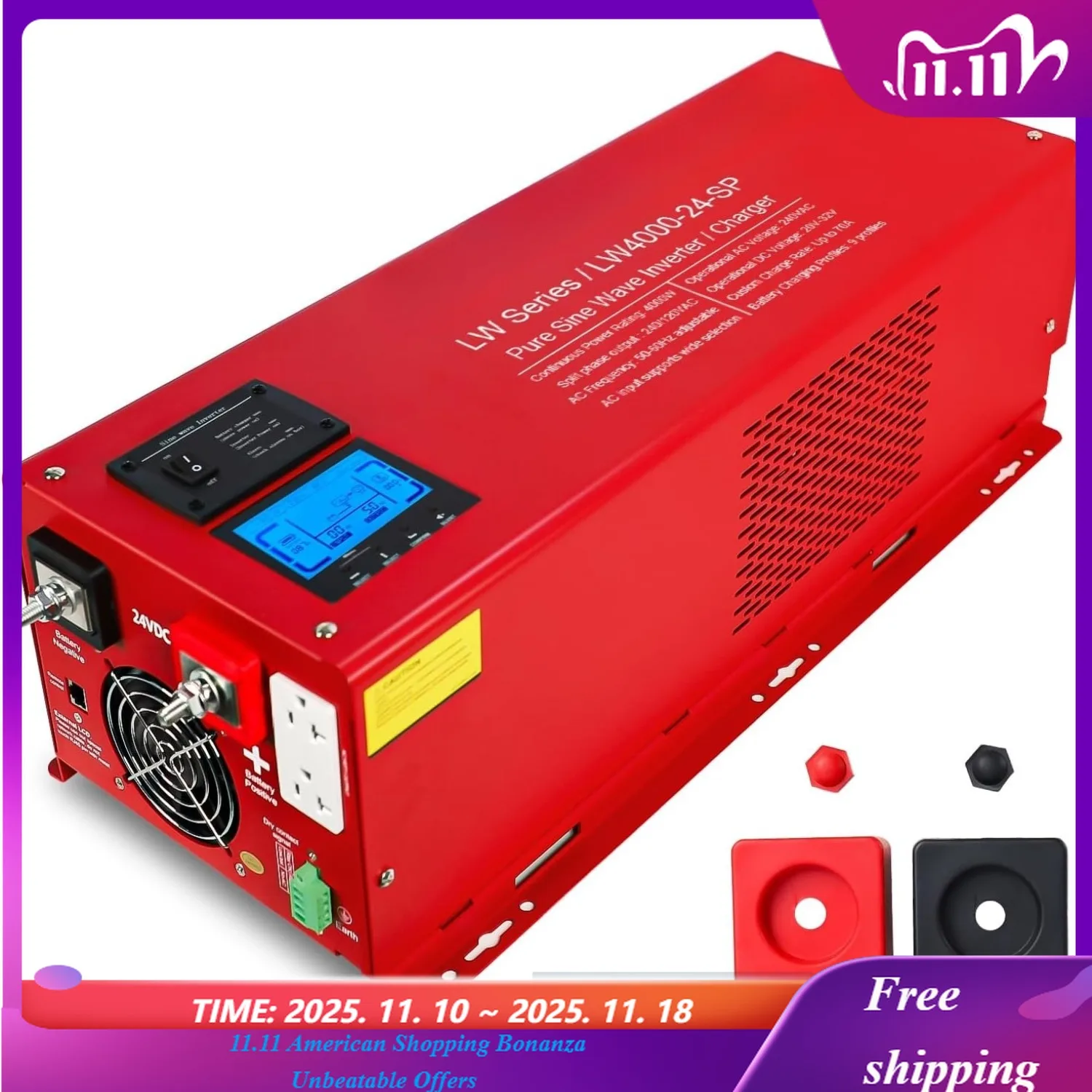 4000W Pure Sine Wave Inverter Charger, 12000W Surge, 24V DC to 120/240V AC, Off-Grid Low Frequency Inverter, LCD Display
4000W Pure Sine Wave Inverter Charger, 12000W Surge, 24V DC to 120/240V AC, Off-Grid Low Frequency Inverter, LCD Display