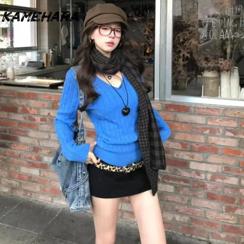 KAMEHARA American Spicy Girl Blue Fried Dough Twists V-neck Sweater Spring Sweet Spicy Knitted Backing Shirt Slim Fit Pullover
KAMEHARA American Spicy Girl Blue Fried Dough Twists V-neck Sweater Spring Sweet Spicy Knitted Backing Shirt Slim Fit Pullover