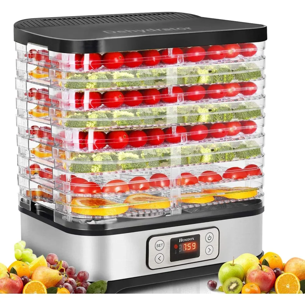 Food Dehydrator Machine, 8 BPA-Free Trays Fruit Dehydrator with Fruit Roll Sheet, 72H Timer and Temperature Control 95-158℉
Food Dehydrator Machine, 8 BPA-Free Trays Fruit Dehydrator with Fruit Roll Sheet, 72H Timer and Temperature Control 95-158℉