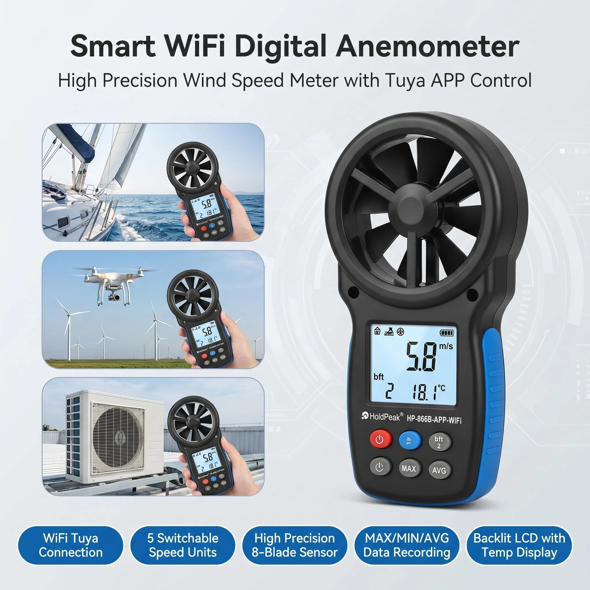 Smart WiFi Anemometer Handheld Wind Speed Meter With APP Control Air Flow Temperature Tester LCD For HVAC Drone Weather Monitor
Smart WiFi Anemometer Handheld Wind Speed Meter With APP Control Air Flow Temperature Tester LCD For HVAC Drone Weather Monitor