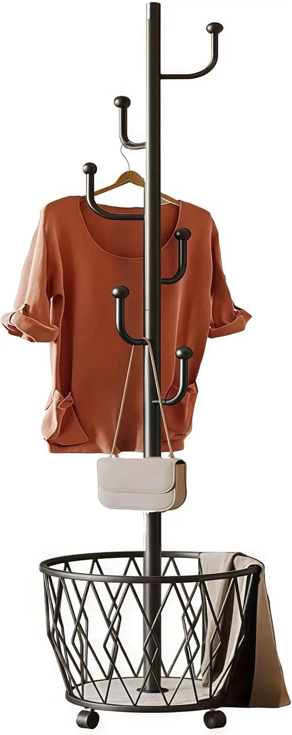 Freestanding Metal Coat Rack with Basket, 6 Hooks, 360° Rotating, Stable and Mobile, Black
Freestanding Metal Coat Rack with Basket, 6 Hooks, 360° Rotating, Stable and Mobile, Black