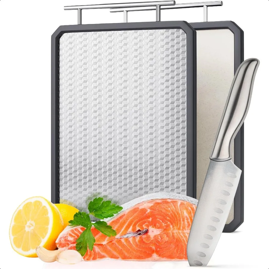 Stainl Steel Cutting Board 14.8×10.8 DualSided with Wheat Straw Texture Smooth Metal NonSlip Edge Handle
Stainl Steel Cutting Board 14.8×10.8 DualSided with Wheat Straw Texture Smooth Metal NonSlip Edge Handle