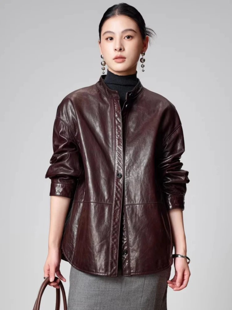Casual Genuine Leather Jacket for Women Spring Autumn High-end Simple Stand Collar Loose Soft Oil Wax Real Goatskin Leather Coat
Casual Genuine Leather Jacket for Women Spring Autumn High-end Simple Stand Collar Loose Soft Oil Wax Real Goatskin Leather Coat