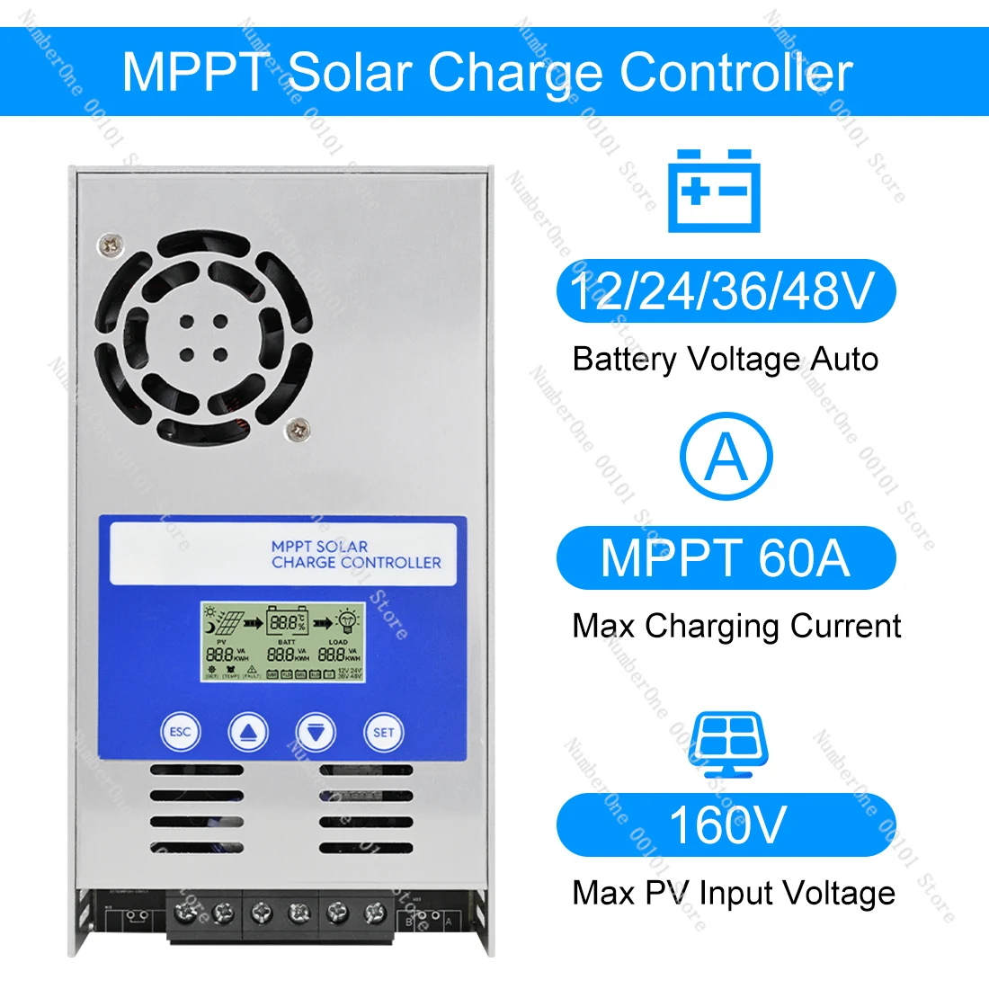 MPPT 60A Solar Charger Controller 60A Discharge Controller 12V 24V 36V 48V Auto for Max PV 190VOC Lead Acid Lithium Battery
MPPT 60A Solar Charger Controller 60A Discharge Controller 12V 24V 36V 48V Auto for Max PV 190VOC Lead Acid Lithium Battery