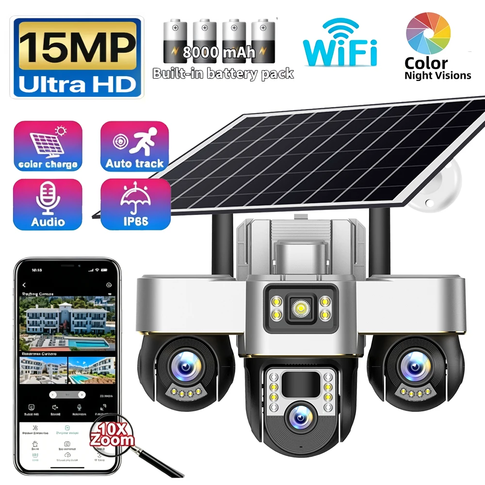 V380 Pro WIFI Three PTZs Lens Solar Camera 15MP Outdoor Waterproof CCTV Mobile Tracking IP Cam Night Vision Two-Way Audio Camera
V380 Pro WIFI Three PTZs Lens Solar Camera 15MP Outdoor Waterproof CCTV Mobile Tracking IP Cam Night Vision Two-Way Audio Camera