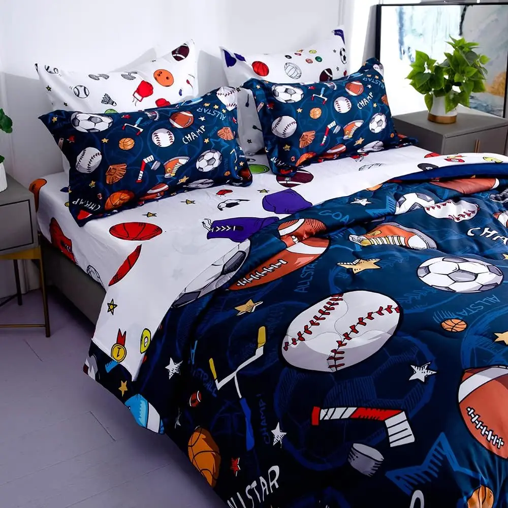 Full Size 7-Piece Sports Bedding Set for Kids with 3D Soccer Basketball Baseball Football Design, Includes Comforter and Sheets
Full Size 7-Piece Sports Bedding Set for Kids with 3D Soccer Basketball Baseball Football Design, Includes Comforter and Sheets