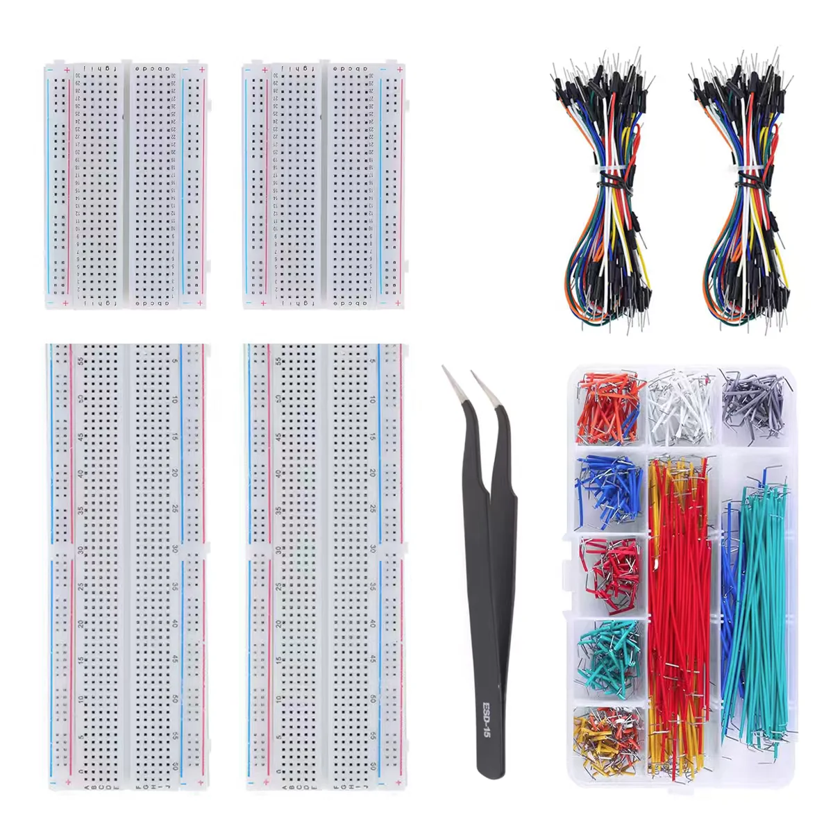400+830 Holes Solderless Breadboard Kit with ESD-15 Tweezers & 840 Jumper Wires for Arduino
400+830 Holes Solderless Breadboard Kit with ESD-15 Tweezers & 840 Jumper Wires for Arduino