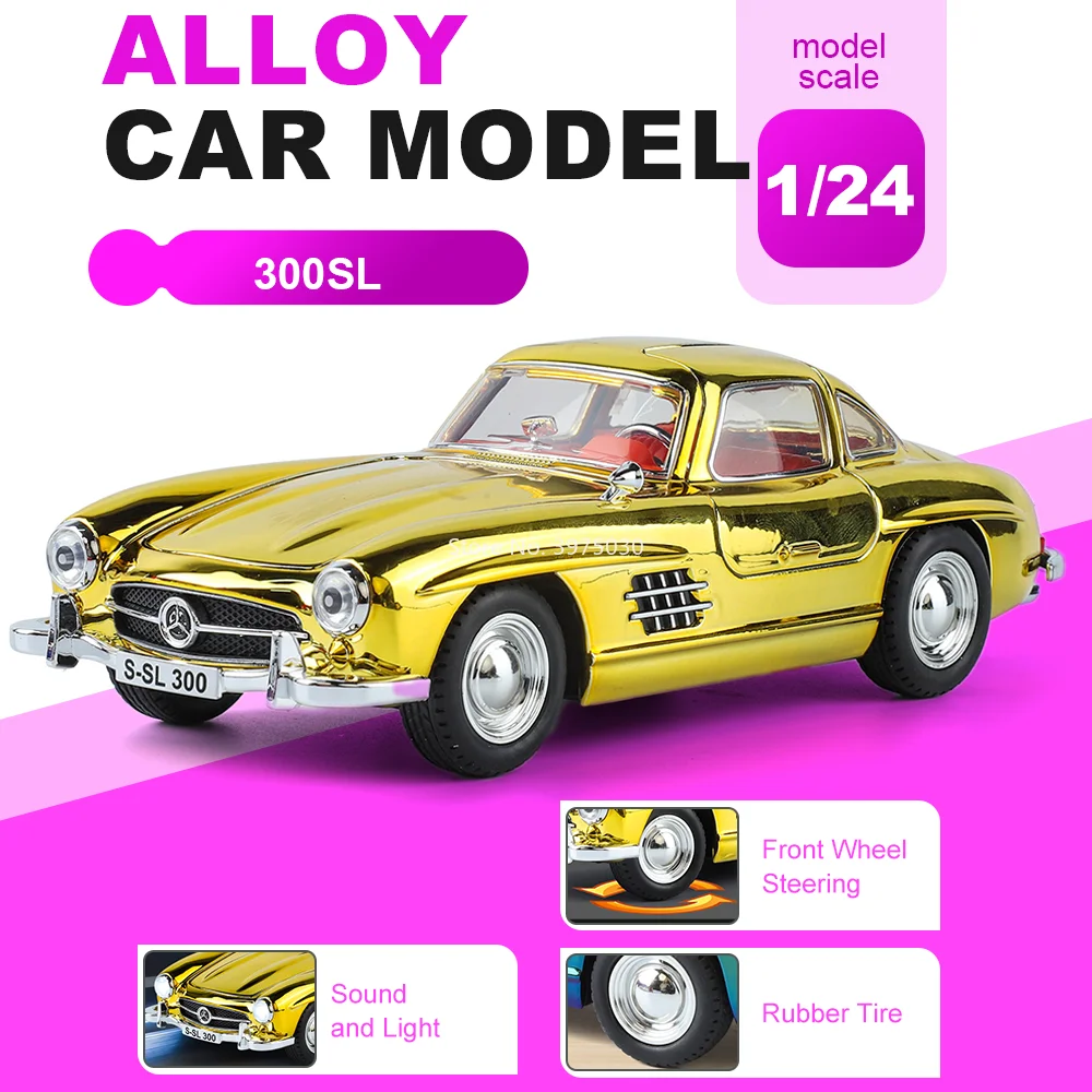 1:24 Benz 300SL Vintage Car Model Alloy Miniature Diecast Toy with Sound Light Doors Opened Pull Back Vehices Gifts for Children
1:24 Benz 300SL Vintage Car Model Alloy Miniature Diecast Toy with Sound Light Doors Opened Pull Back Vehices Gifts for Children