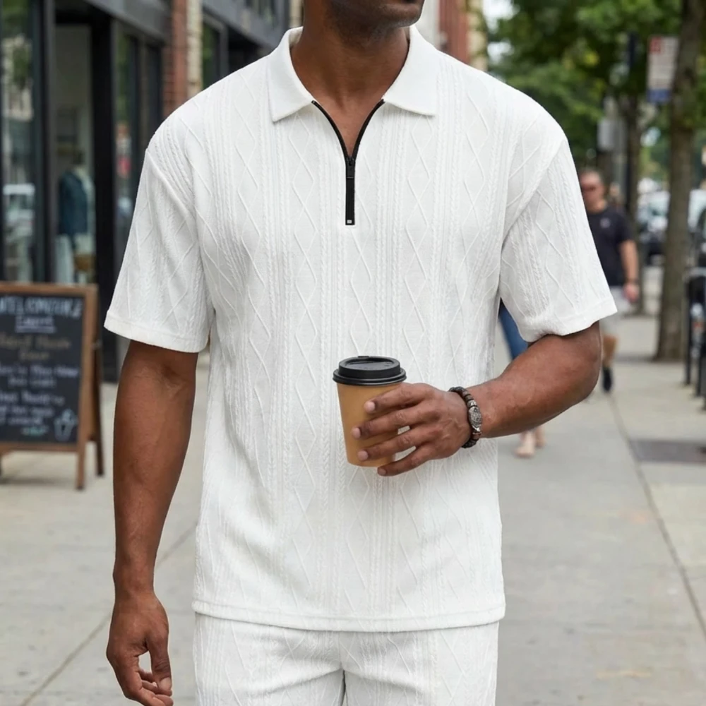 Summer Men's Simple Solid Color Geometric Shape Lapel Half Zipper Short Sleeved Shorts Casual Street Vacation Two-piece Set
Summer Men's Simple Solid Color Geometric Shape Lapel Half Zipper Short Sleeved Shorts Casual Street Vacation Two-piece Set