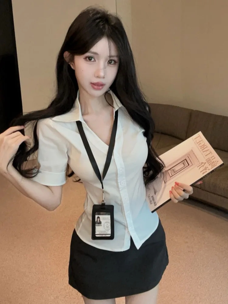 Slim Fit Neck Shirt Short Sleeve Waist Cinched Short Skirt Office Workwear Set High Waist Bodycon Summer New Arrival
Slim Fit Neck Shirt Short Sleeve Waist Cinched Short Skirt Office Workwear Set High Waist Bodycon Summer New Arrival
