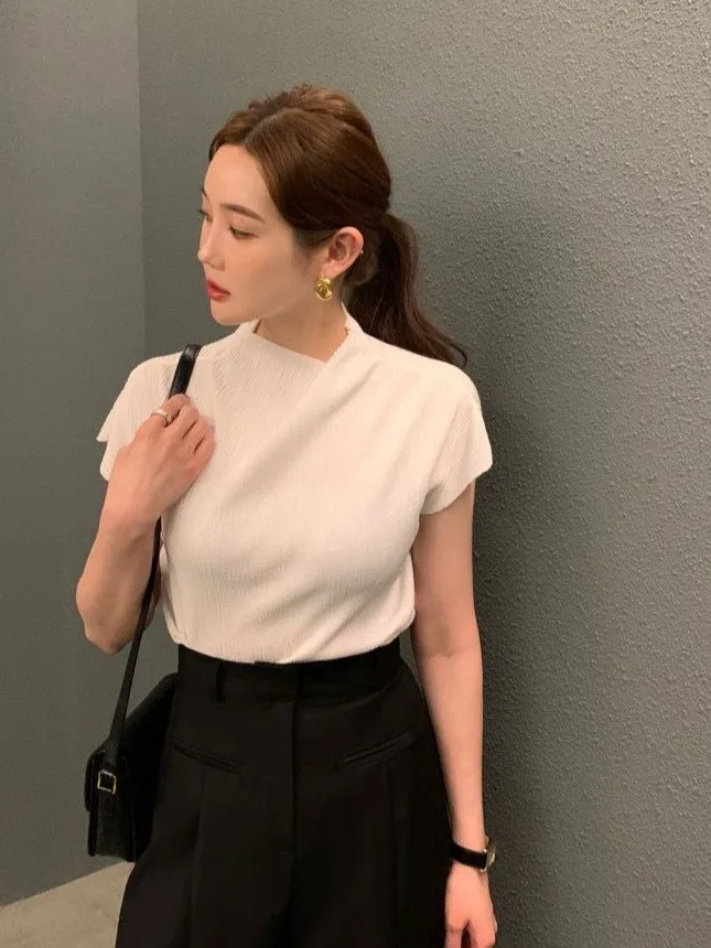 Fashionable Chic Loose Fit Short Sleeve T-Shirt Women's Half High Neck Texture Design Simple Style Pure Color Versatile Top
Fashionable Chic Loose Fit Short Sleeve T-Shirt Women's Half High Neck Texture Design Simple Style Pure Color Versatile Top