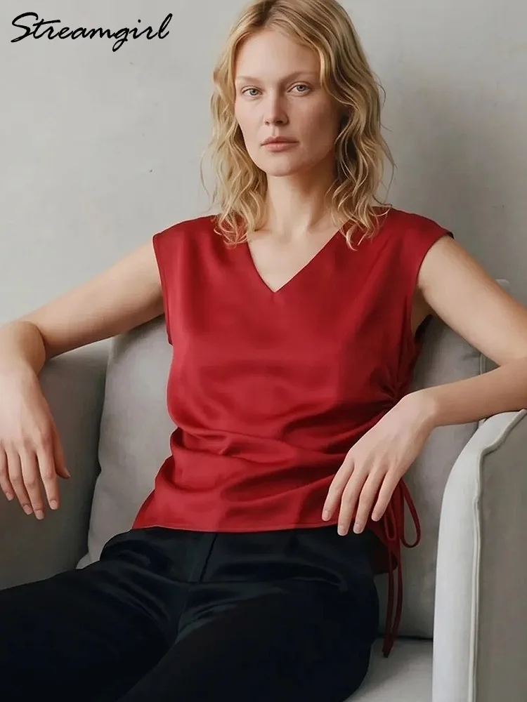 Streamgirl Summer Silk Blouses Sleeveless For Women V Neck Blue Satin Tops Woman Sleeveless Office Elegant Lace Up Slim Blouses
Streamgirl Summer Silk Blouses Sleeveless For Women V Neck Blue Satin Tops Woman Sleeveless Office Elegant Lace Up Slim Blouses