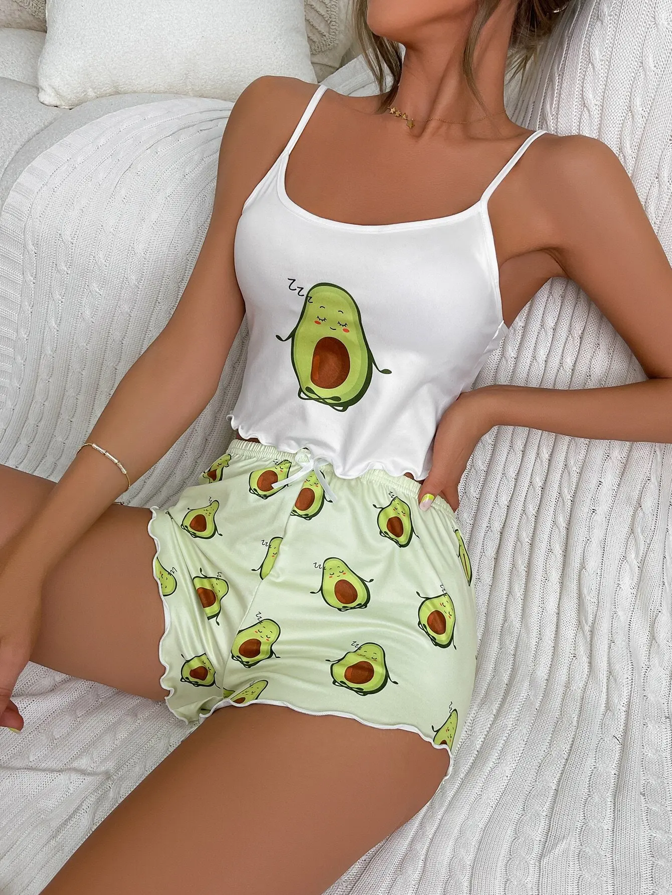 Cute Avocado Print White Cami Top and Shorts Pajama Set for Women
Cute Avocado Print White Cami Top and Shorts Pajama Set for Women