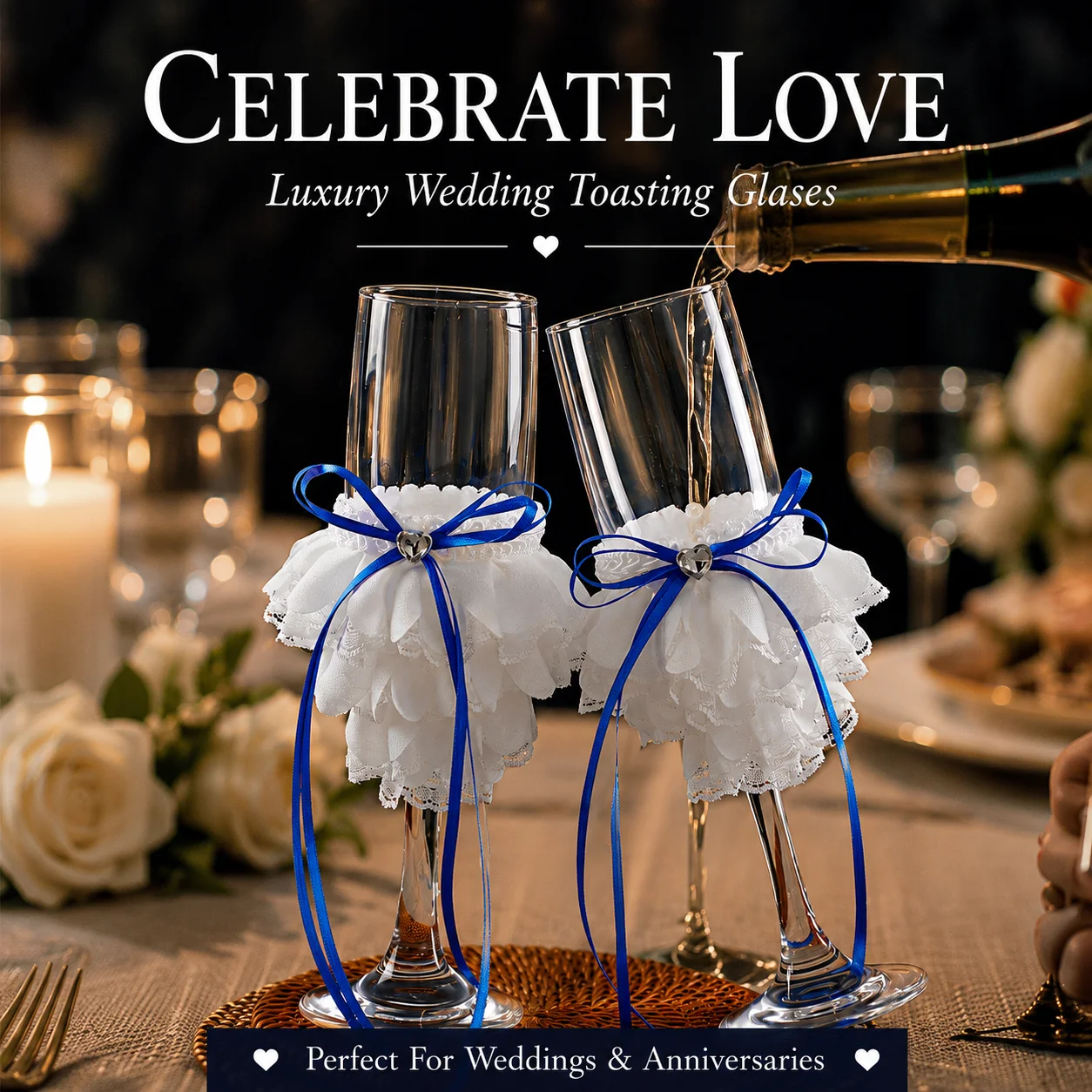 Elegant Royal Blue Accent Champagne Flutes with White Lace Skirt for Wedding Toast, Bridal Reception & Gifts
Elegant Royal Blue Accent Champagne Flutes with White Lace Skirt for Wedding Toast, Bridal Reception & Gifts