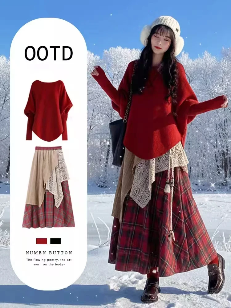 Large Size Autumn Winter Knitted Sweater And Red Plaid Skirt Set Women's New Year's Clothes High Waist Loose Fit Faion...
Large Size Autumn Winter Knitted Sweater And Red Plaid Skirt Set Women's New Year's Clothes High Waist Loose Fit Faion...