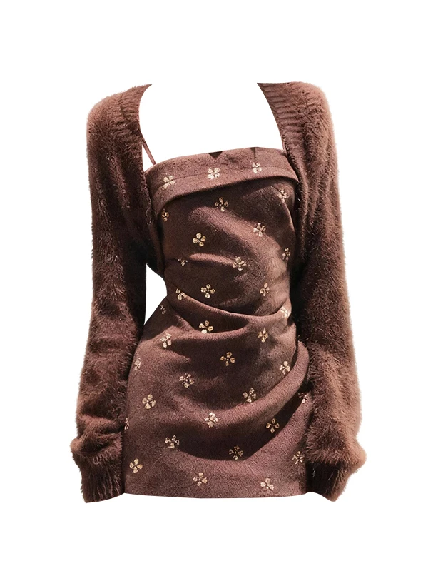 Fashionable Knitted Dress Set Women's Short Skirt with Strap Open Cardigan Warm Winter Outfit Floral Patterned Slim Fit Style
Fashionable Knitted Dress Set Women's Short Skirt with Strap Open Cardigan Warm Winter Outfit Floral Patterned Slim Fit Style