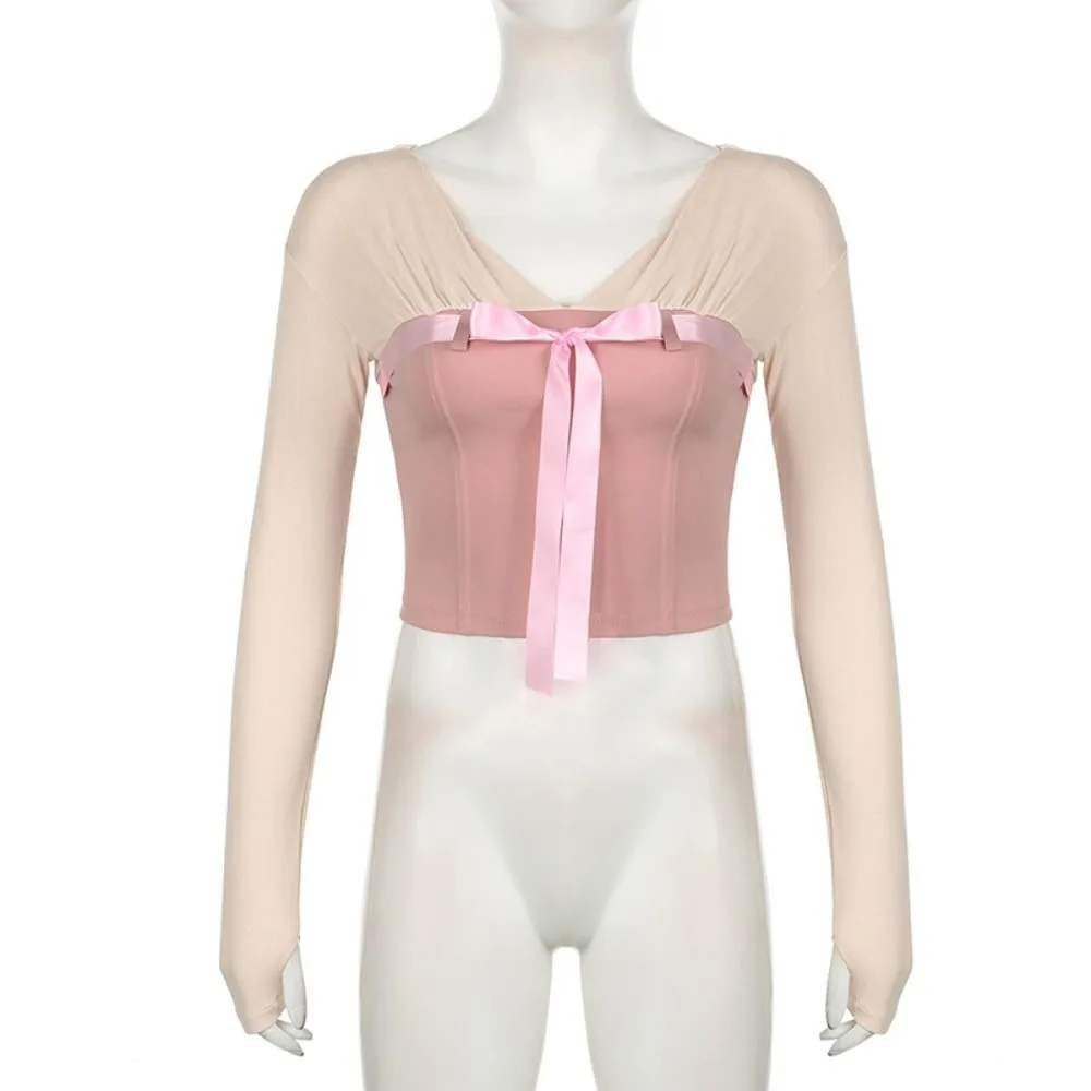 Fashion Tight Long Sleeve T Shirt Chic Patchwork Sweet Bowknot Crop Top Y2K Lace-up V Neck Shirt Top Spring Autumn
Fashion Tight Long Sleeve T Shirt Chic Patchwork Sweet Bowknot Crop Top Y2K Lace-up V Neck Shirt Top Spring Autumn