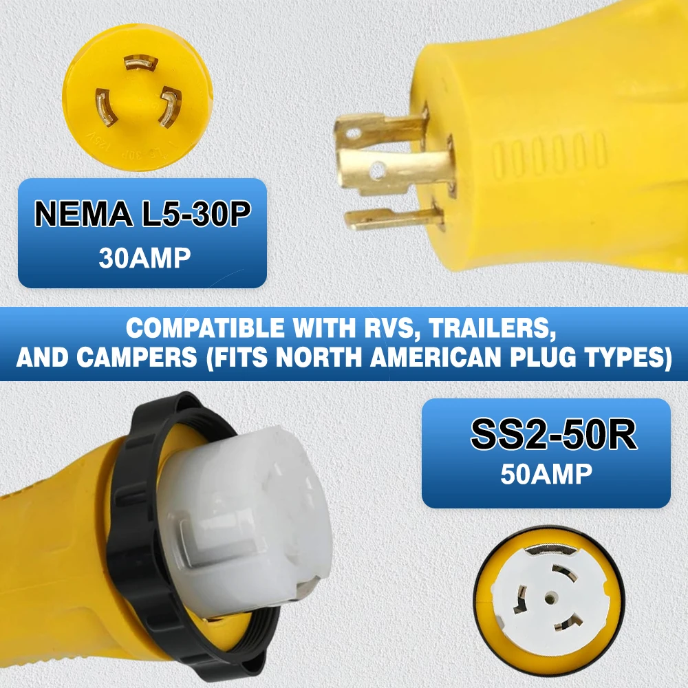 3-контактный адаптер питания NEMA L5-30P к SS2-50R 125/250 В для автодома, блокирующий разъем генератора от 30 до 50 А для прицепа на колесах, кемпера, стандарт США
3-контактный адаптер питания NEMA L5-30P к SS2-50R 125/250 В для автодома, блокирующий разъем генератора от 30 до 50 А для прицепа на колесах, кемпера, стандарт США