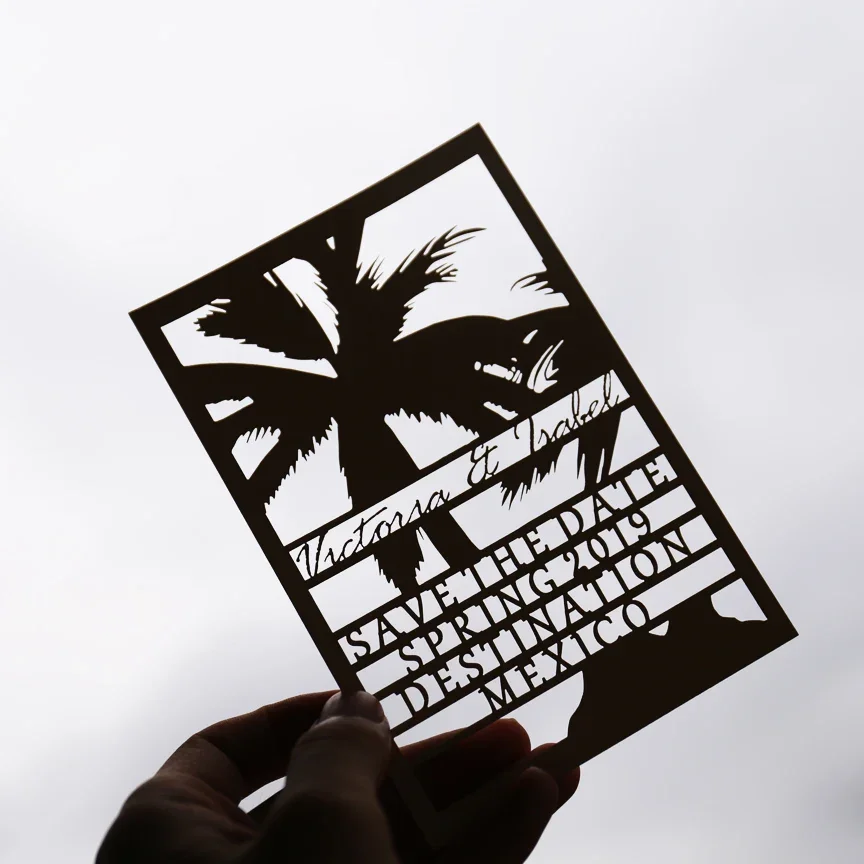 Customized laser cut PALM TREE save the date laser cutting wedding save the date cards and invitation cards
Customized laser cut PALM TREE save the date laser cutting wedding save the date cards and invitation cards