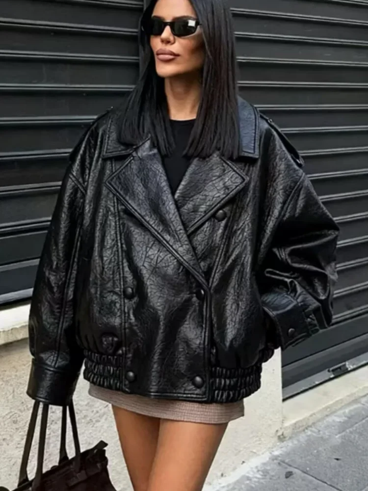 Solid Lapel Loose Leather Jacket Women Retro Full Sleeve V-neck Double Breasted Oversized Jackets Lady 2026 Spring Autumn Wears
Solid Lapel Loose Leather Jacket Women Retro Full Sleeve V-neck Double Breasted Oversized Jackets Lady 2026 Spring Autumn Wears