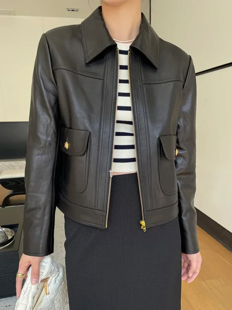 Casual Black Genuine Leather Motorcycle Jackets for Women Spring Autumn 2026 New High-end Simple Slim Short Real Sheepskin Coat
Casual Black Genuine Leather Motorcycle Jackets for Women Spring Autumn 2026 New High-end Simple Slim Short Real Sheepskin Coat